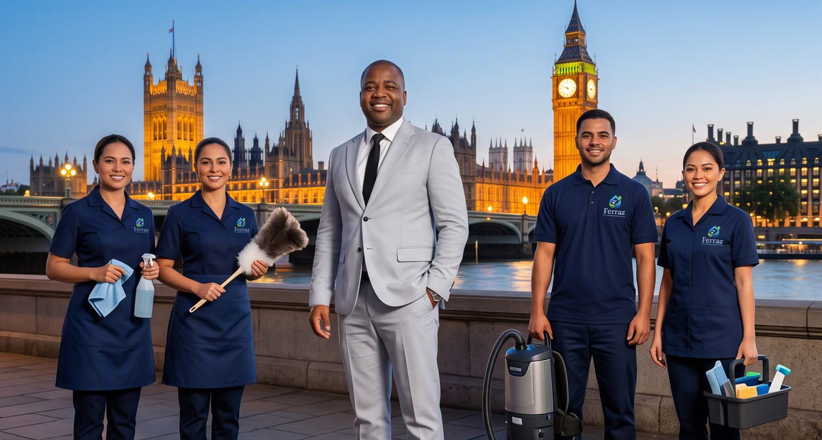 Ferraz cleaning team meeting a business client on the Thames embankment in London
