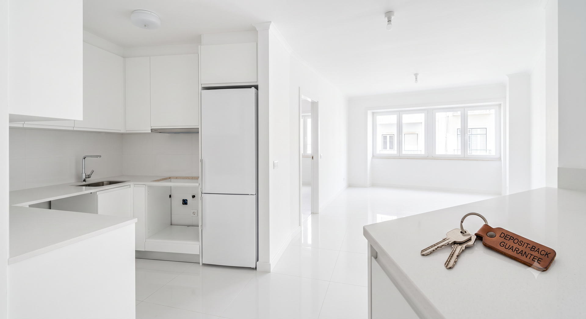 End of tenancy cleaning in an empty London flat, keys on a spotless worktop